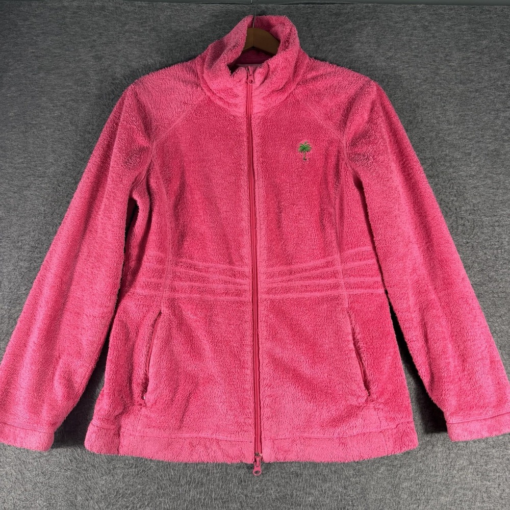 Lilly Pulitzer Hot Pink Plush Fleece Zip Jacket Women's SZ S Palm Tree Cozy Soft